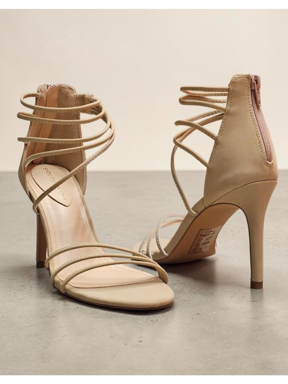 Strappy Natural Heeled Sandals With Zipper Back Closure Stiletto Heel Elegant De - Picture 7 of 12